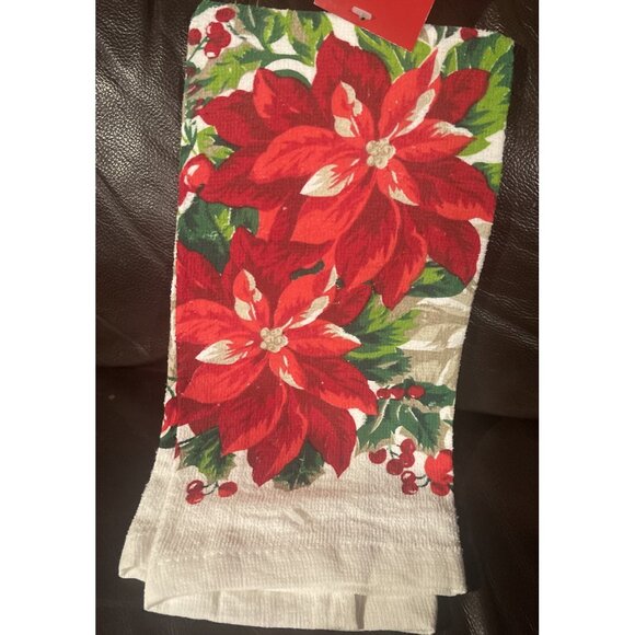 Poinsettia Holiday Kitchen Set:Oven Mitt & Towel 100% Cotton/Polyester Red&White - Picture 2 of 7